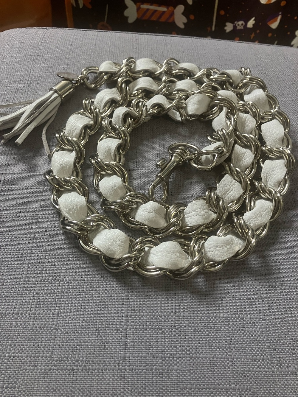 Brave White Leather-Threaded Silver Chain Necklace with Tassel